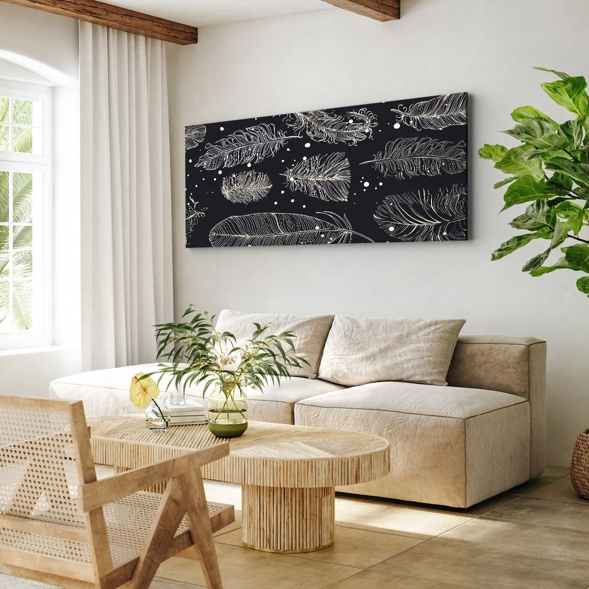 Quadro su tela - Stampe su Tela - Delicate piume bianche su sfondo blu navy - 160x50cm - Pizzo piumato - Decorazione murale moderna per soggiorno e camera da letto ARTTOR