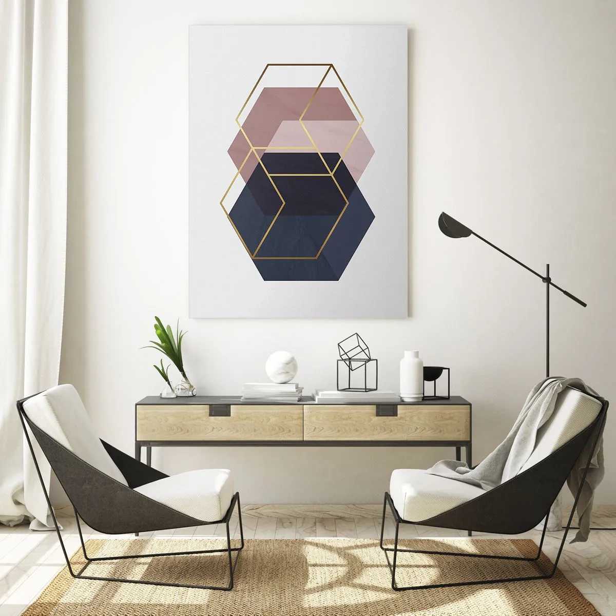 Quadro su vetro - Contorni dorati di cubi su uno sfondo di solidi blu navy e rosa - 50x70cm - La forza della semplicità - Decorazione murale moderna per soggiorno e camera da letto ARTTOR