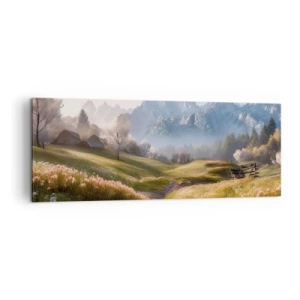 Quadro su tela - Stampe su Tela - Una valle di montagna con prati, rifugi e vista sulle cime - 140x50cm - Valle idilliaca - Decorazione murale moderna per soggiorno e camera da letto ARTTOR