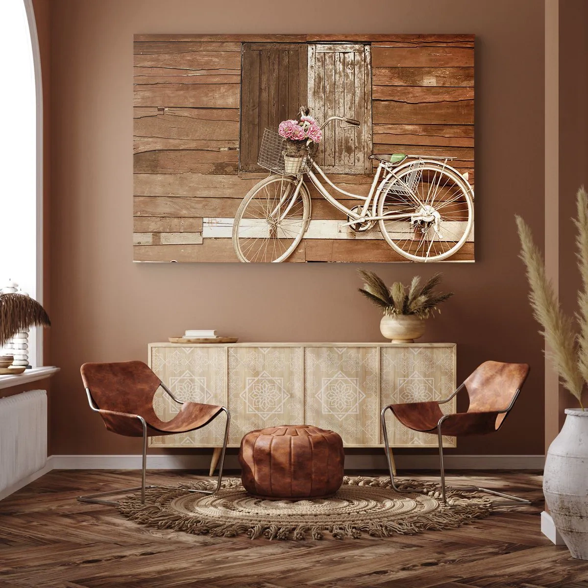 Quadro su tela - Stampe su Tela - Una bicicletta con un cesto pieno di rose contro un muro di legno - 120x80cm - Torno subito - Decorazione murale moderna per soggiorno e camera da letto ARTTOR