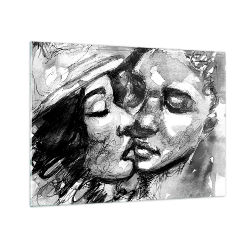 Quadro su vetro - Schizzo in bianco e nero di un tenero bacio - 70x50cm - Un attimo di tenerezza - Decorazione murale moderna per soggiorno e camera da letto ARTTOR