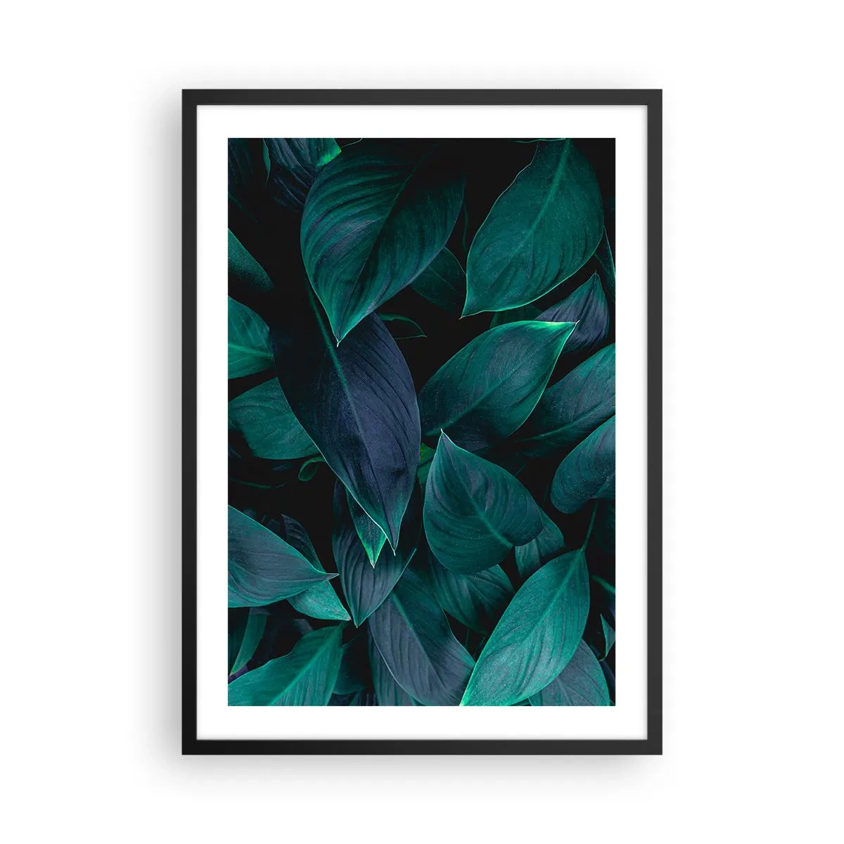 Poster in cornice nera - Foglie verde scuro con retroilluminazione tenue - 50x70cm - Il verde puro - Decorazione murale moderna per soggiorno e camera da letto ARTTOR