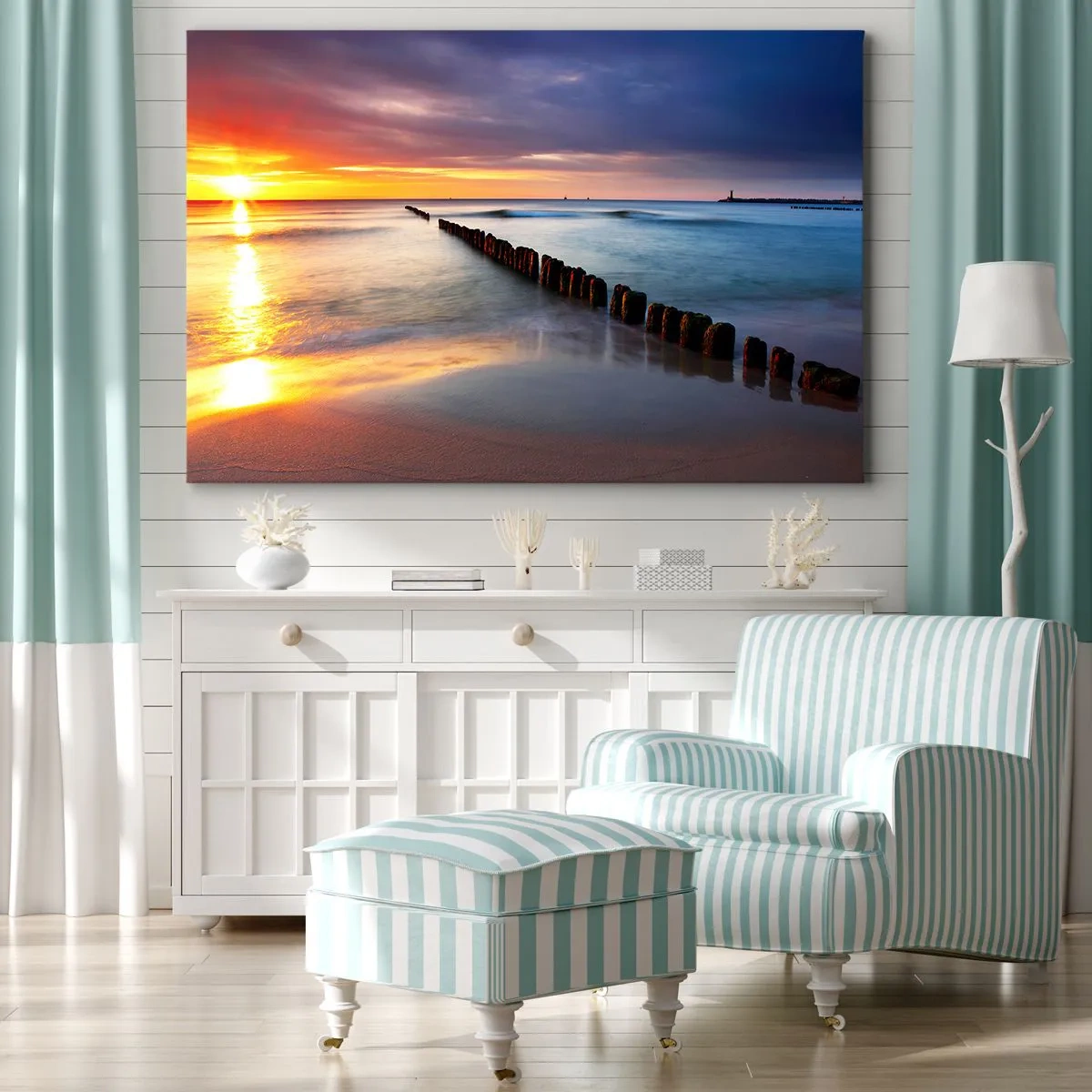 Quadro su tela - Stampe su Tela - Tramonto sul mare con un frangiflutti in primo piano - 120x80cm - Ascolta il silenzio - Decorazione murale moderna per soggiorno e camera da letto ARTTOR