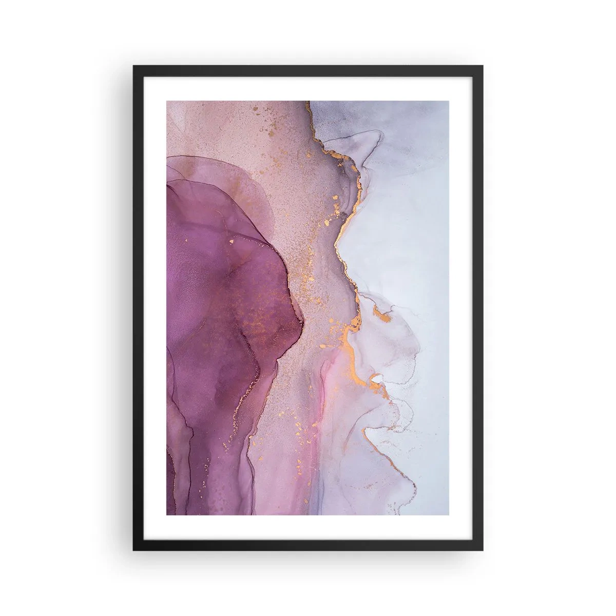 Poster in cornice nera - Onde astratte nei toni del lilla e del viola con accenti dorati - 50x70cm - Onde di lilla e viola - Decorazione murale moderna per soggiorno e camera da letto ARTTOR