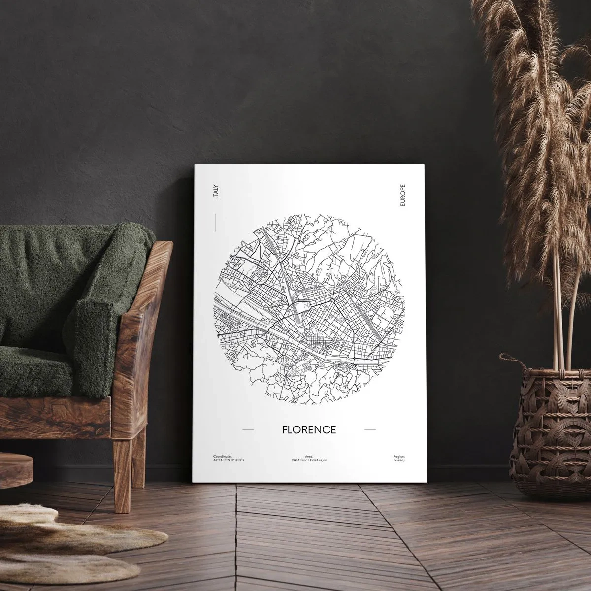 Quadro su tela - Stampe su Tela - Una mappa di Firenze in stile minimalista in bianco e nero - 80x120cm - Anatomia di Firenze - Decorazione murale moderna per soggiorno e camera da letto ARTTOR