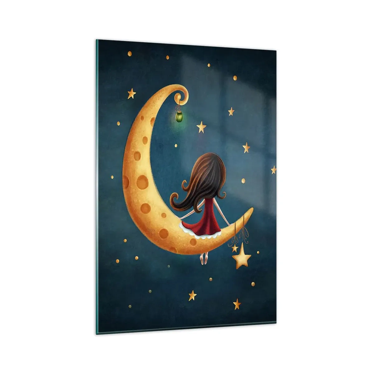 Quadro su vetro - Una ragazza sulla luna circondata dalle stelle - 80x120cm - Una volta... - Decorazione murale moderna per soggiorno e camera da letto ARTTOR