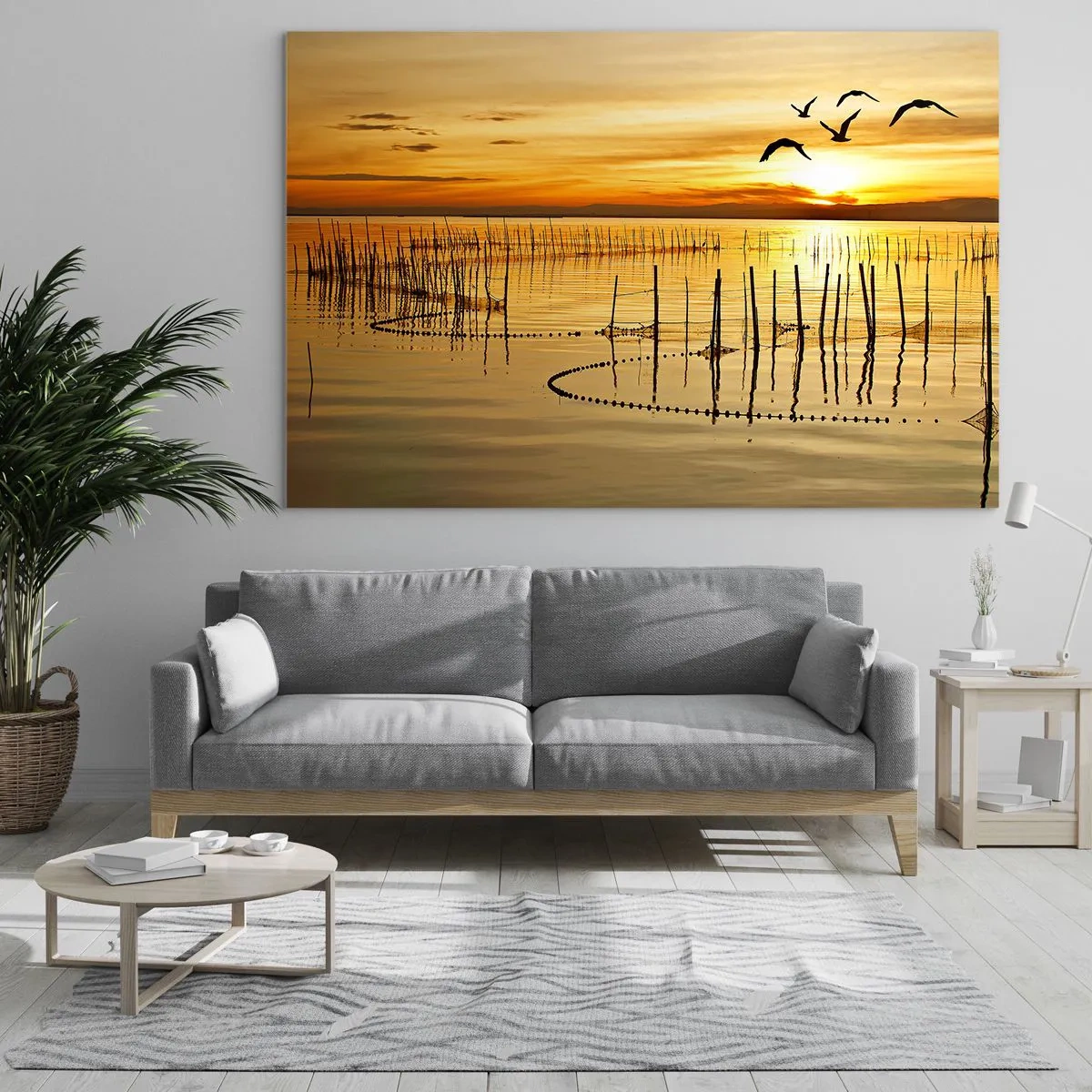Quadro su vetro - Tramonto su un lago con uccelli e reti da pesca - 70x50cm - Alla pesca - Decorazione murale moderna per soggiorno e camera da letto ARTTOR