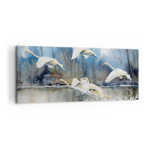 Quadro su tela - Stampe su Tela - Cigni in volo sopra un lago ghiacciato in un paesaggio invernale - 120x50cm - Come la favola dei cigni selvatici - Decorazione murale moderna per soggiorno e camera da letto ARTTOR