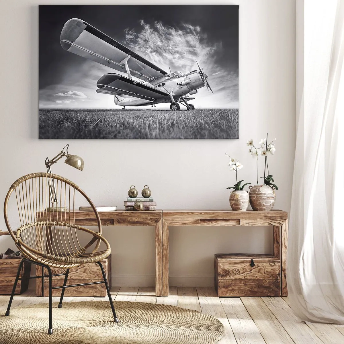 Quadro su tela - Stampe su Tela - Un aereo contro un cielo drammatico in bianco e nero - 120x80cm - Giramondo alato  - Decorazione murale moderna per soggiorno e camera da letto ARTTOR