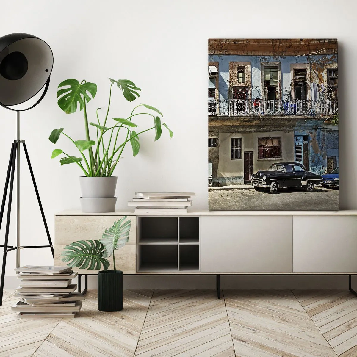 Quadro su tela - Stampe su Tela - Case popolari colorate e un'auto d'epoca nel paesaggio urbano - 70x100cm - Atmosfera dell'Avana - Decorazione murale moderna per soggiorno e camera da letto ARTTOR