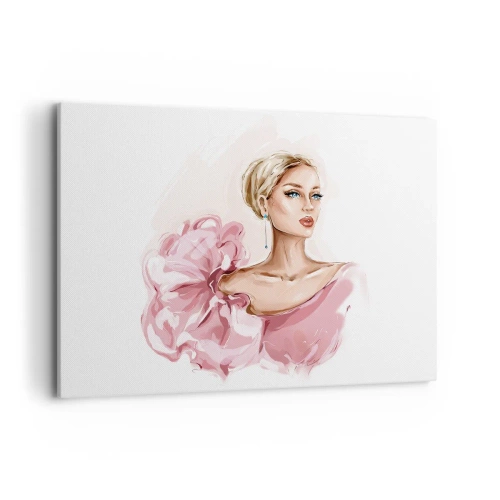 Quadro su tela - Stampe su Tela - Ritratto di una donna in abito rosa su sfondo chiaro - 100x70cm - Come un quadro... - Decorazione murale moderna per soggiorno e camera da letto ARTTOR