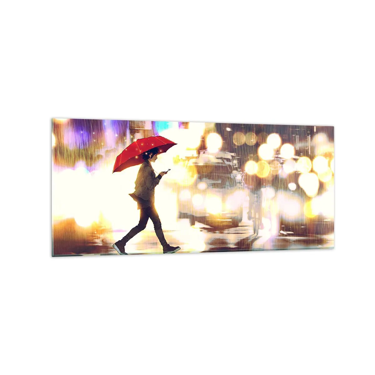 Quadro su vetro - Una figura con un ombrello rosso sulla strada sotto la pioggia - 120x50cm - Tuttavia è assolata - Decorazione murale moderna per soggiorno e camera da letto ARTTOR
