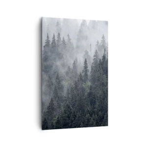 Quadro su tela - Stampe su Tela - Foresta di conifere nebbiosa nei toni del grigio e del verde - 80x120cm - Alba nel bosco - Decorazione murale moderna per soggiorno e camera da letto ARTTOR