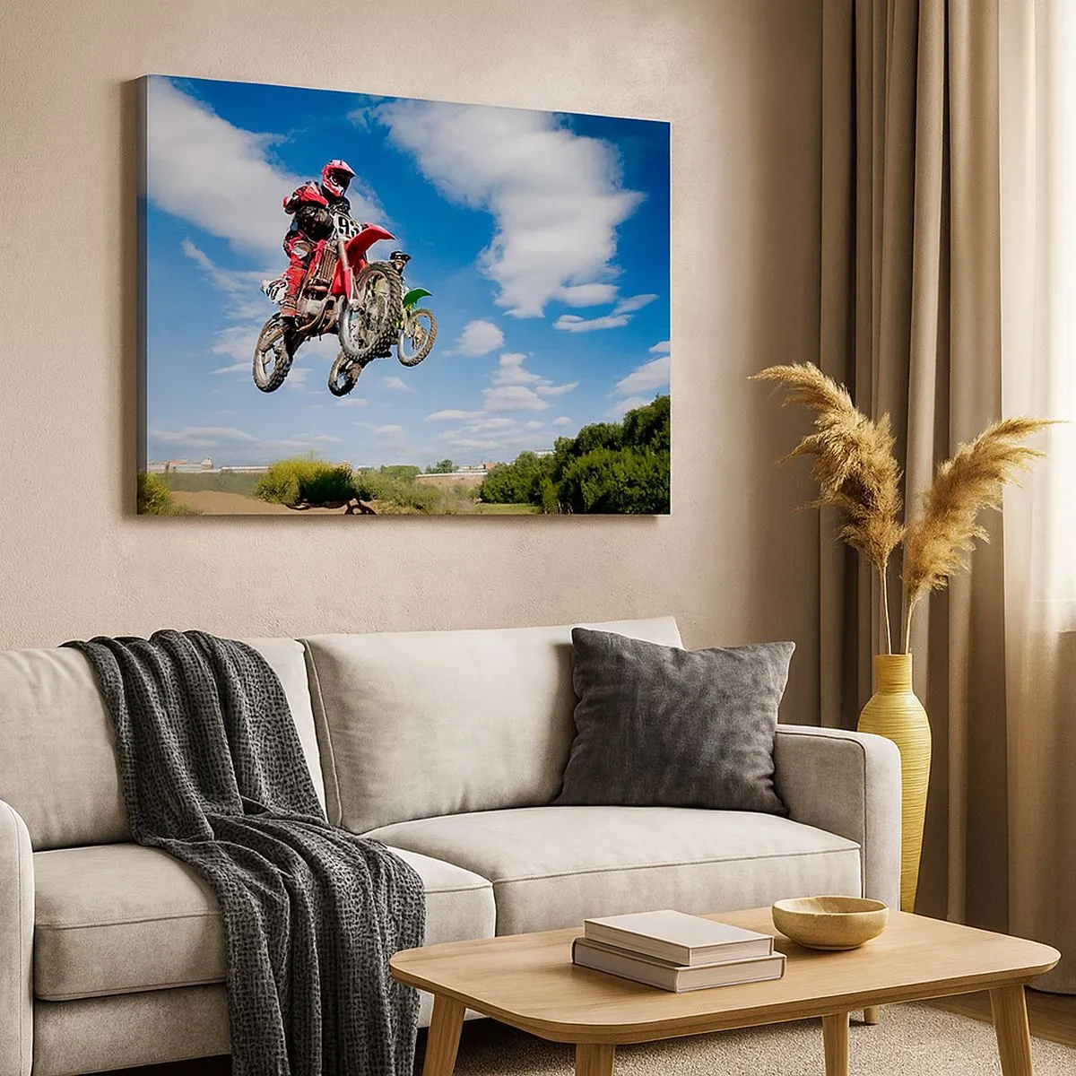 Quadro su tela - Stampe su Tela - Piloti di moto da cross in aria durante un salto - 70x50cm - Saltando sotto il cielo - Decorazione murale moderna per soggiorno e camera da letto ARTTOR