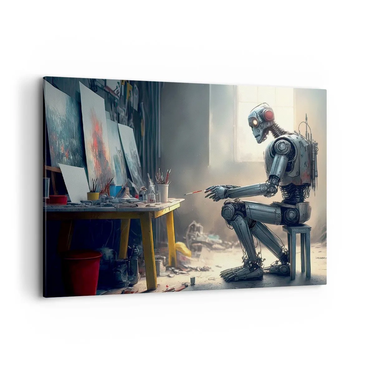 Quadro su tela - Stampe su Tela - Un robot che dipinge un quadro in uno studio d'arte - 100x70cm - Atto creativo - Decorazione murale moderna per soggiorno e camera da letto ARTTOR