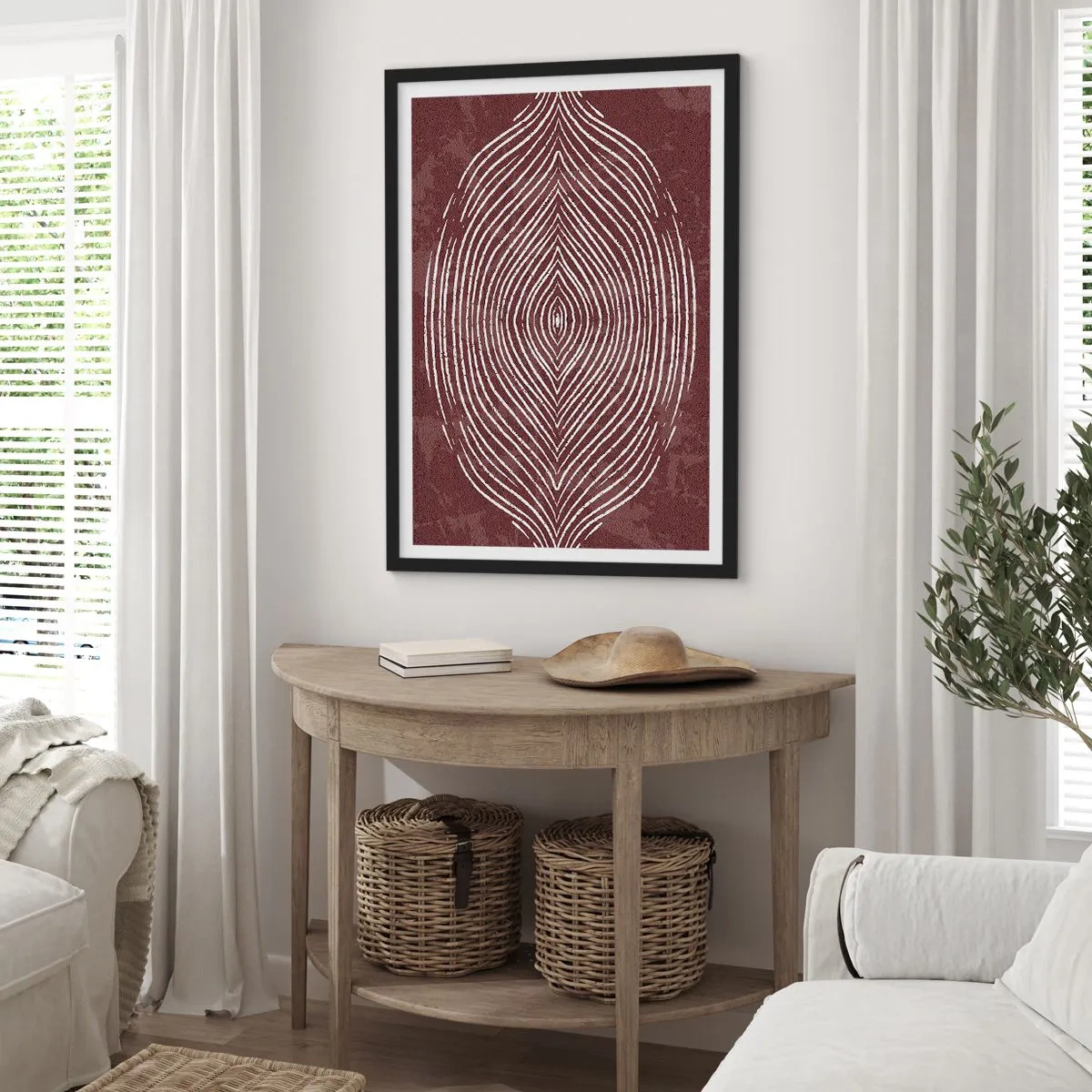 Poster in cornice nera - Un motivo ipnotico di linee bianche su uno sfondo marrone. - 50x70cm - Lo spazio parlante - Decorazione murale moderna per soggiorno e camera da letto ARTTOR