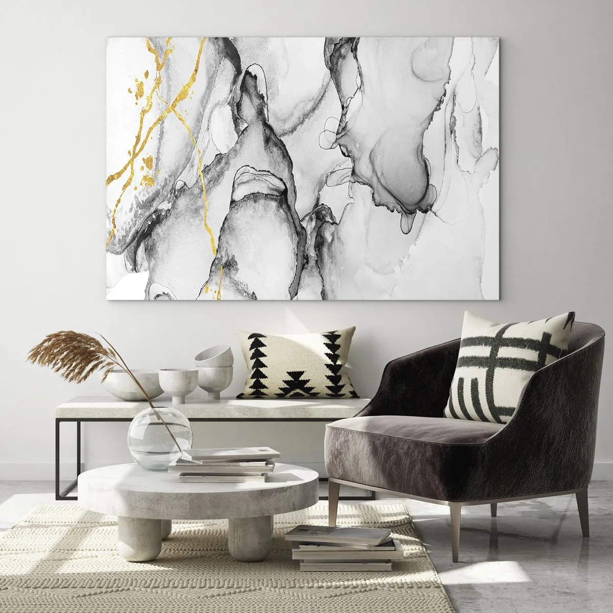 Quadro su vetro - Composizione astratta in bianco e nero con accenti dorati - 70x50cm - Composizione con motivo d'oro - Decorazione murale moderna per soggiorno e camera da letto ARTTOR