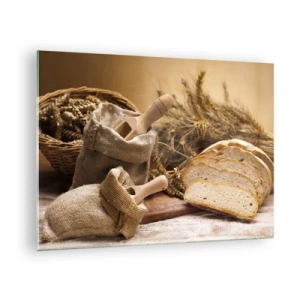 Quadro su vetro - Pane, farina e spighe in stile rustico - 70x50cm - Tagliato dal coltello - Decorazione murale moderna per soggiorno e camera da letto ARTTOR