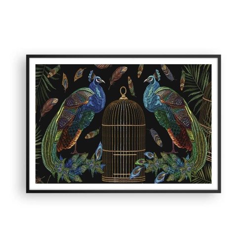 Poster in cornice nera - Pavoni accanto a una gabbia dorata su sfondo nero - 100x70cm - Con gli abiti reali - Decorazione murale moderna per soggiorno e camera da letto ARTTOR