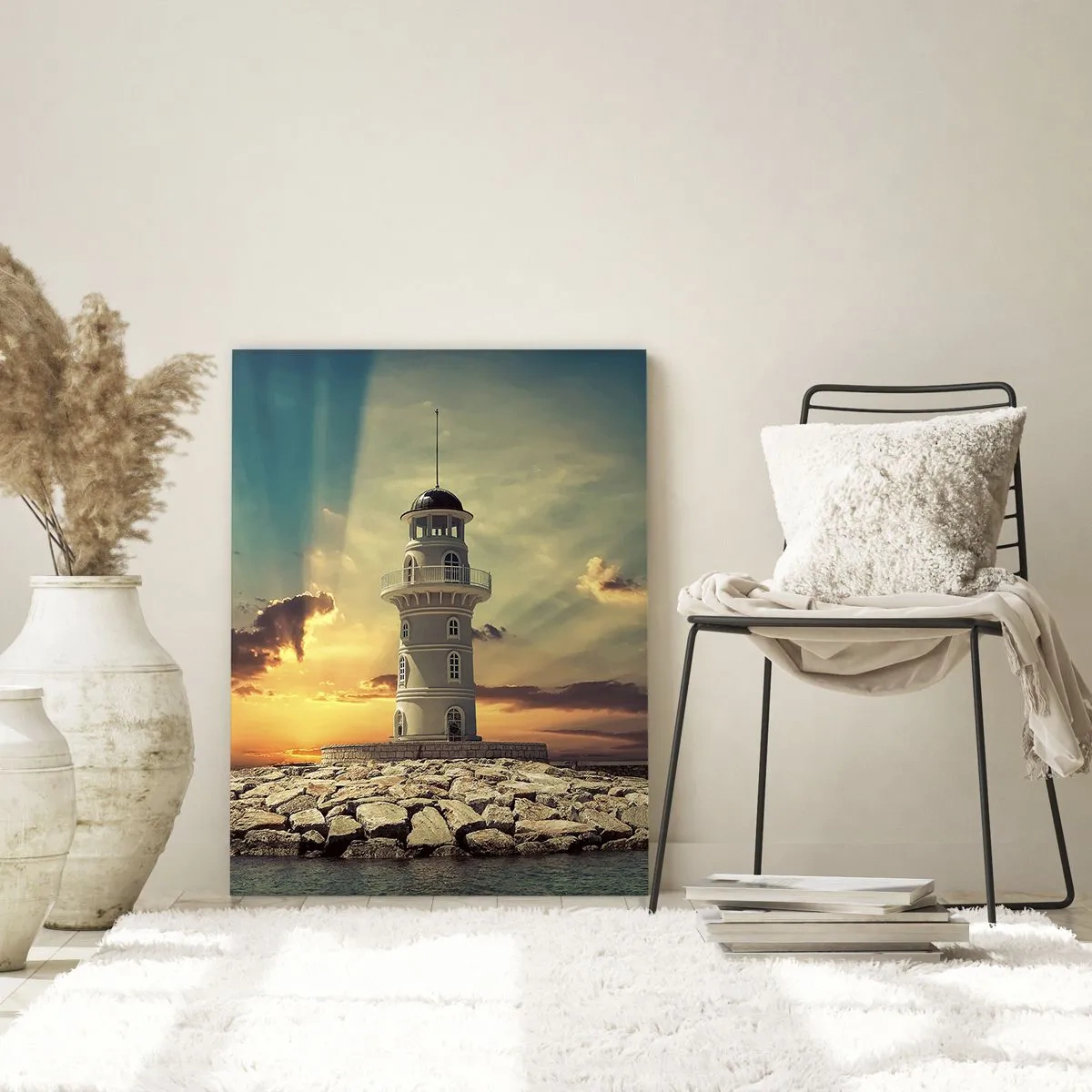 Quadro su vetro - Un faro al tramonto contro il cielo - 80x120cm - Luce - Bontà - Bellezza - Decorazione murale moderna per soggiorno e camera da letto ARTTOR