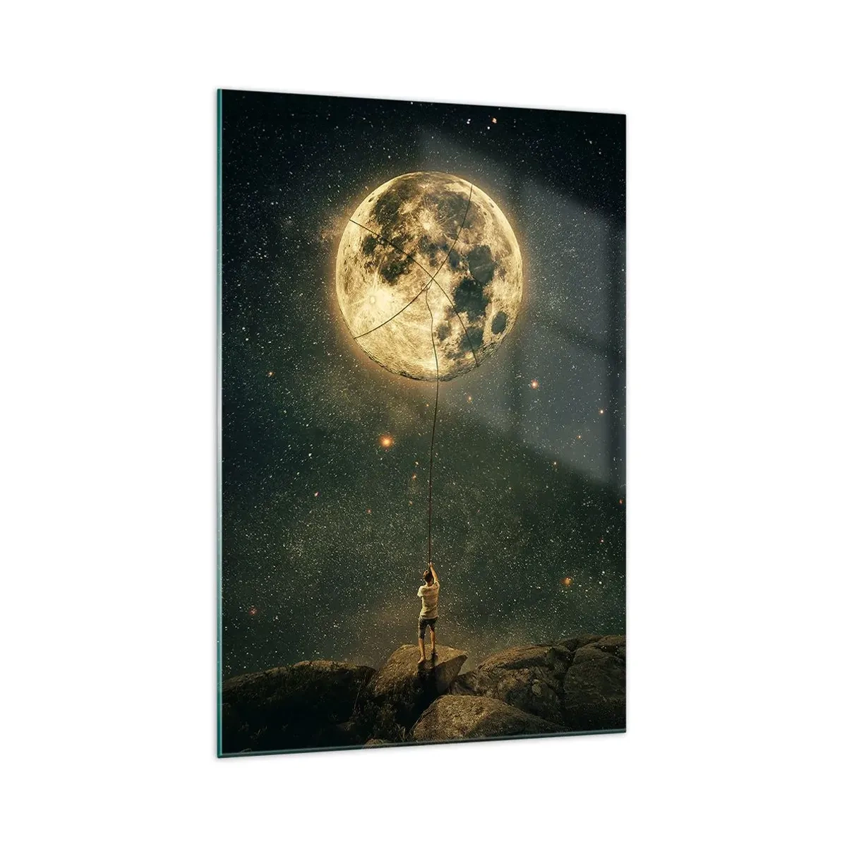 Quadro su vetro - Uomo con la Luna contro il cielo stellato - 70x100cm - Chi ha rubato la luna - Decorazione murale moderna per soggiorno e camera da letto ARTTOR