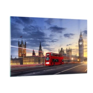 Quadro su vetro - Il Big Ben e l'autobus rosso a Londra al tramonto - 120x80cm - Segni particolari - Decorazione murale moderna per soggiorno e camera da letto ARTTOR