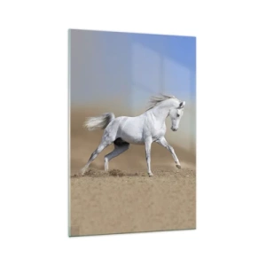 Quadro su vetro - Un cavallo bianco che galoppa attraverso un paesaggio desertico - 70x100cm - La più bella favola araba - Decorazione murale moderna per soggiorno e camera da letto ARTTOR