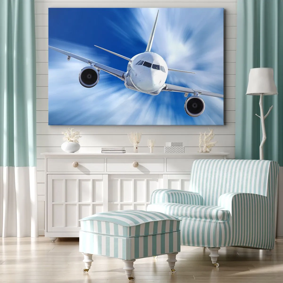 Quadro su tela - Stampe su Tela - Un aereo passeggeri in movimento contro il cielo - 70x50cm - Nel cielo, più veloce del vento - Decorazione murale moderna per soggiorno e camera da letto ARTTOR