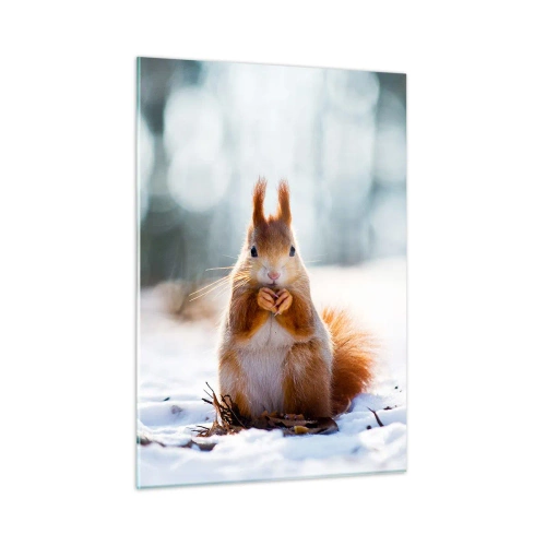 Quadro su vetro - Scoiattolo nella neve con una noce nella foresta invernale - 50x70cm - Che cosa guardi? - Decorazione murale moderna per soggiorno e camera da letto ARTTOR