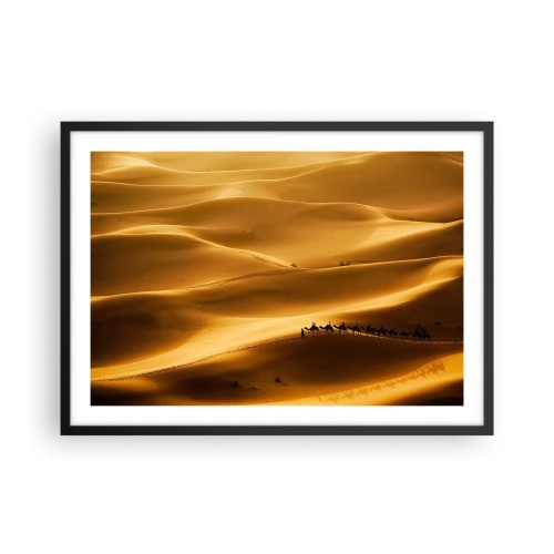 Poster in cornice nera - Una carovana di cammelli vaga tra le dune dorate del deserto. - 70x50cm - La carovana sulle onde del deserto - Decorazione murale moderna per soggiorno e camera da letto ARTTOR
