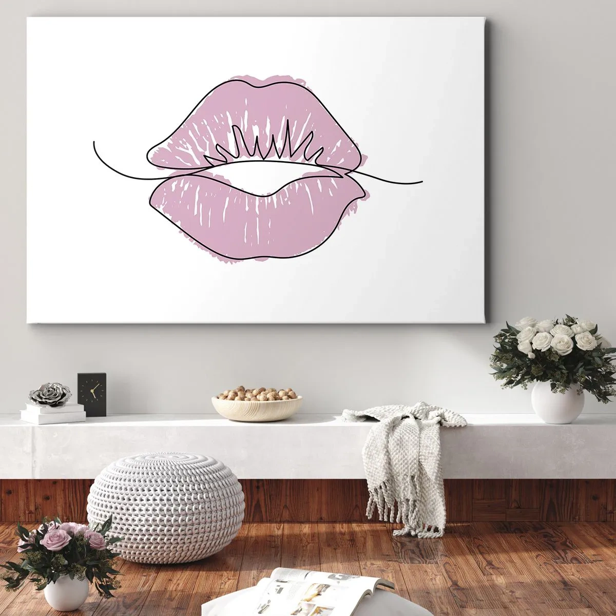 Quadro su tela - Stampe su Tela - Disegno minimalista delle labbra in una tonalità rosa - 70x50cm - Pronti al bacio? - Decorazione murale moderna per soggiorno e camera da letto ARTTOR