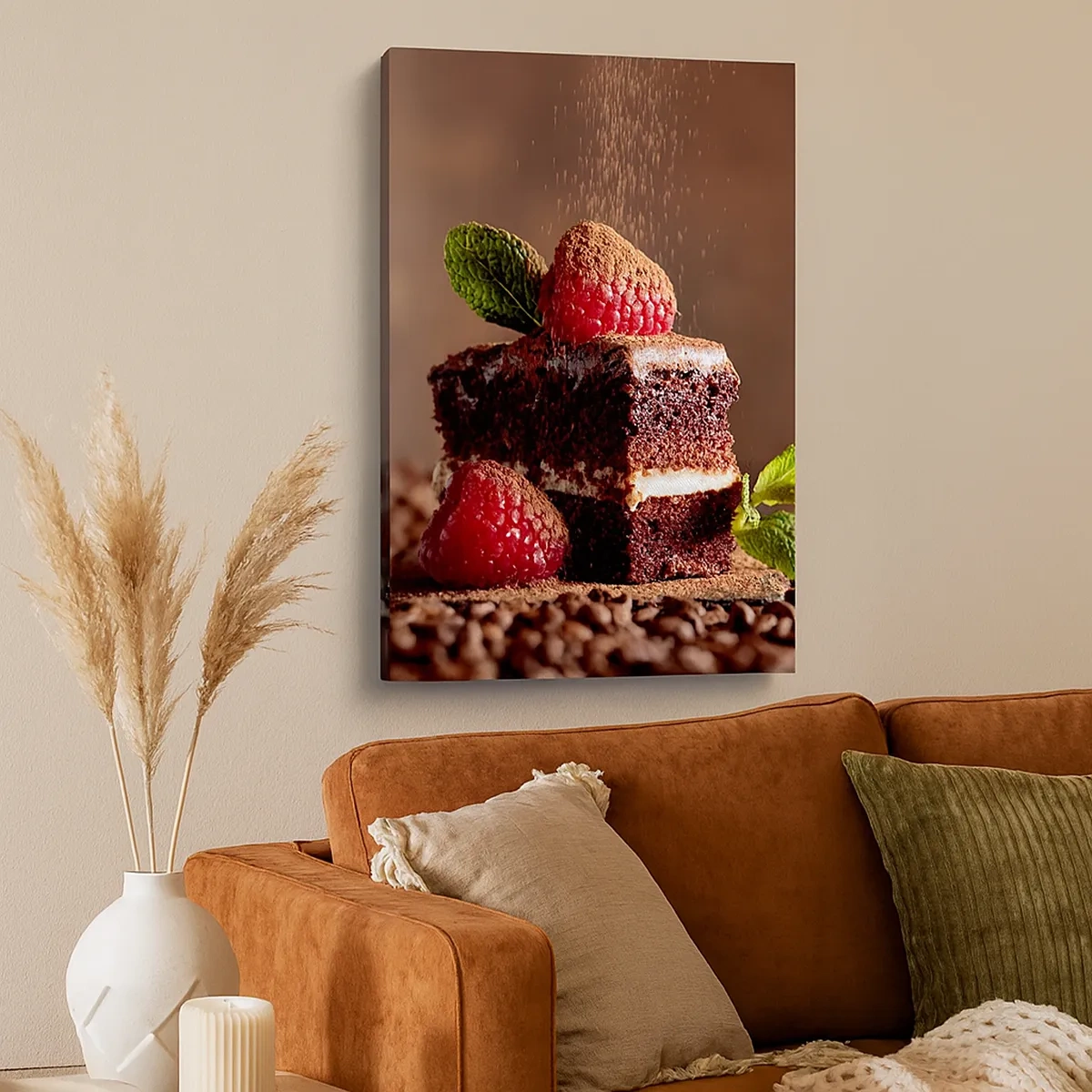 Quadro su tela - Stampe su Tela - Torta al cioccolato con lamponi e menta su uno sfondo di fave di cacao - 50x70cm - La vita è dolce - Decorazione murale moderna per soggiorno e camera da letto ARTTOR