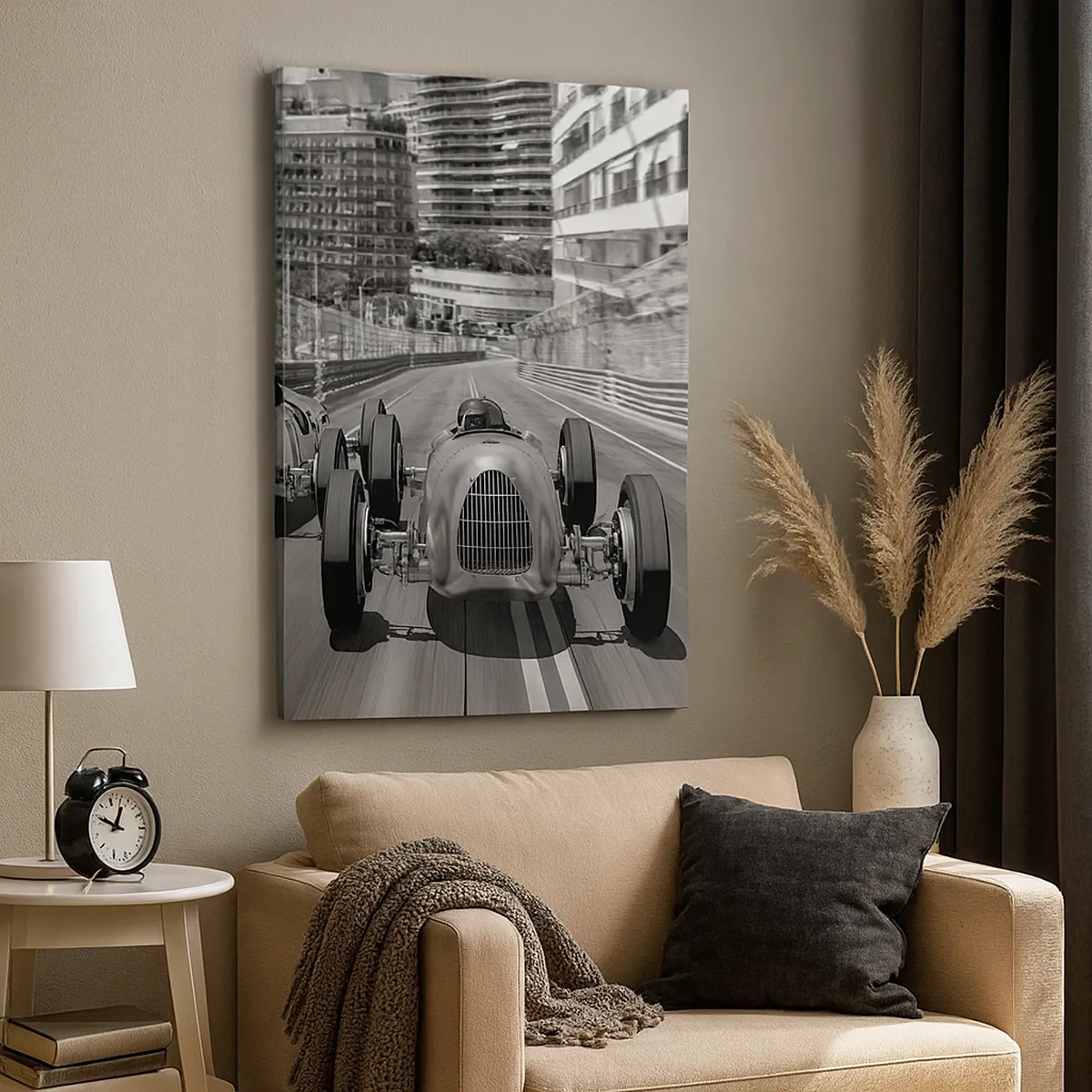 Quadro su tela - Stampe su Tela - Scena di gara automobilistica retrò monocromatica - 50x70cm - Tanto tempo fa a Montecarlo - Decorazione murale moderna per soggiorno e camera da letto ARTTOR