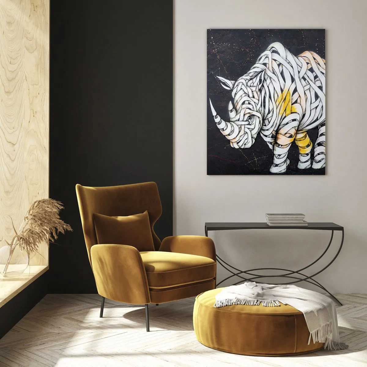 Quadro su vetro - Un rinoceronte scolpito con strisce astratte su sfondo scuro. - 80x120cm - La pelle dura è un mito - Decorazione murale moderna per soggiorno e camera da letto ARTTOR