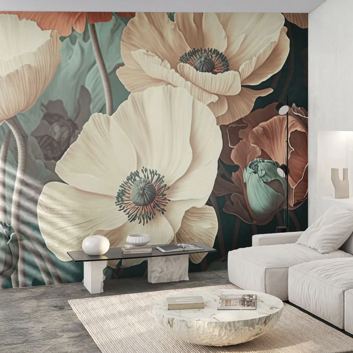 Fotomurali Premium Sand - Papaveri romantici nei toni del crema e della pesca su verde - 100x70cm - Il sussurro dei papaveri - Decorazione murale moderna per soggiorno e camera da letto ARTTOR