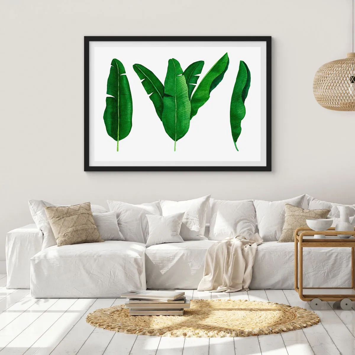 Poster in cornice nera - Tre foglie di banano in un approccio artistico - 100x70cm - Simmetria verde - Decorazione murale moderna per soggiorno e camera da letto ARTTOR