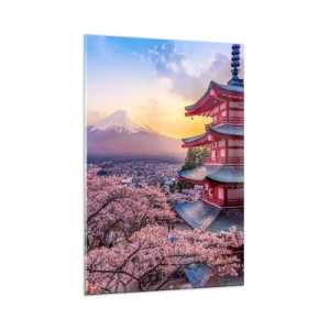 Quadro su vetro - Una pagoda in Giappone con fiori di ciliegio e il Monte Fuji - 80x120cm - L'essenza dell'anima giapponese - Decorazione murale moderna per soggiorno e camera da letto ARTTOR