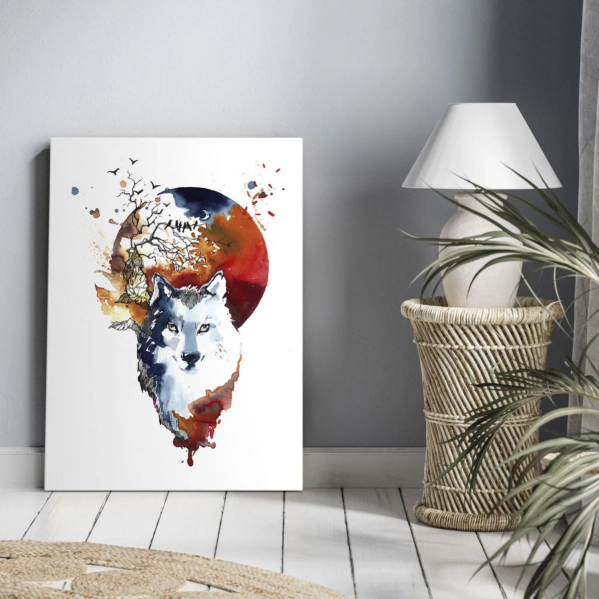 Quadro su tela - Stampe su Tela - Dipinto astratto ad acquerello di un lupo contro una luna rossa - 50x70cm - Naso a naso con la notte - Decorazione murale moderna per soggiorno e camera da letto ARTTOR