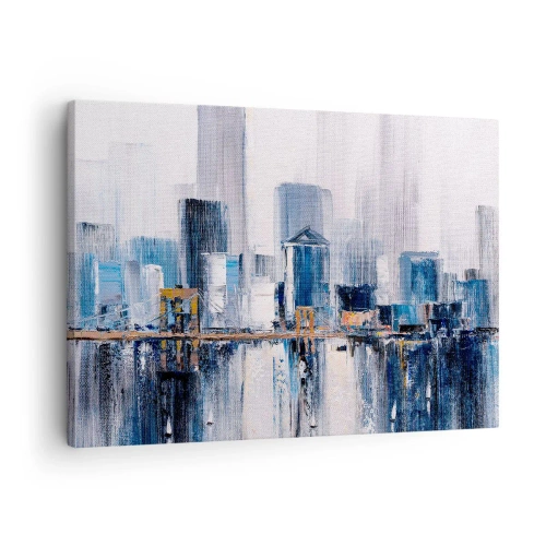 Quadro su tela - Stampe su Tela - Panorama urbano astratto con sfumature di blu e giallo - 70x50cm - Impressione di New York - Decorazione murale moderna per soggiorno e camera da letto ARTTOR