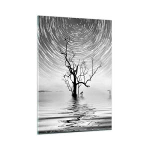 Quadro su vetro - Paesaggio in bianco e nero con un albero e strisce di stelle - 50x70cm - Sinfonia della natura - Decorazione murale moderna per soggiorno e camera da letto ARTTOR