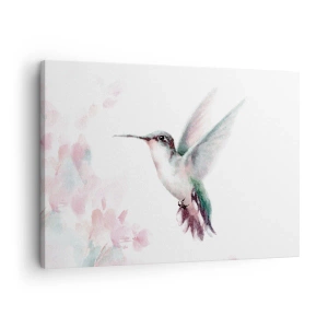 Quadro su tela - Stampe su Tela - Un colibrì dai delicati colori pastello su uno sfondo di fiori - 70x50cm - Battito immobile - Decorazione murale moderna per soggiorno e camera da letto ARTTOR