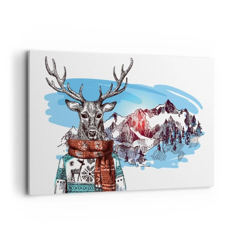 Quadro su tela - Stampe su Tela - Un cervo con un maglione invernale sullo sfondo di un paesaggio montano - 120x80cm - Anche il cervo non ha freddo - Decorazione murale moderna per soggiorno e camera da letto ARTTOR