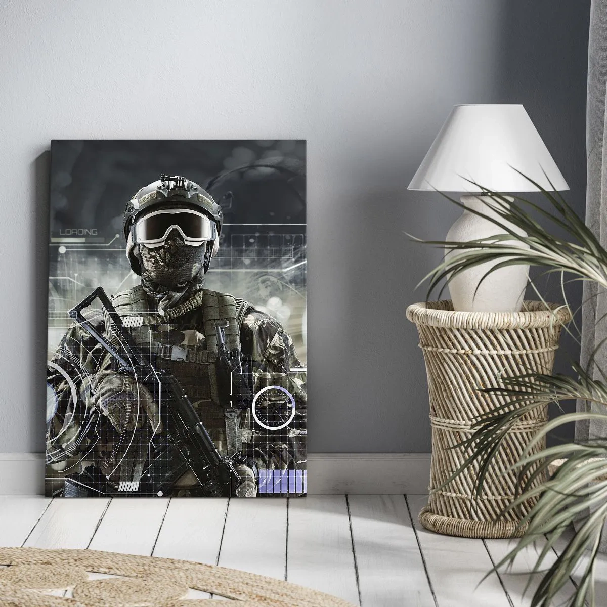 Quadro su tela - Stampe su Tela - Un soldato con un casco futuristico e una pistola sullo sfondo della tecnologia. - 50x70cm - Potenza al quadrato - Decorazione murale moderna per soggiorno e camera da letto ARTTOR