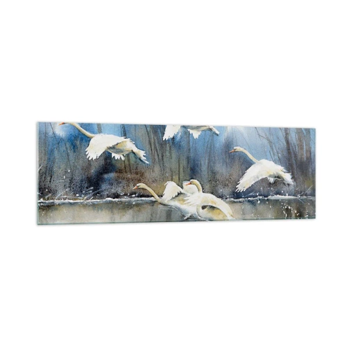 Quadro su vetro - Cigni in volo sopra un lago ghiacciato in un paesaggio invernale - 160x50cm - Come la favola dei cigni selvatici - Decorazione murale moderna per soggiorno e camera da letto ARTTOR