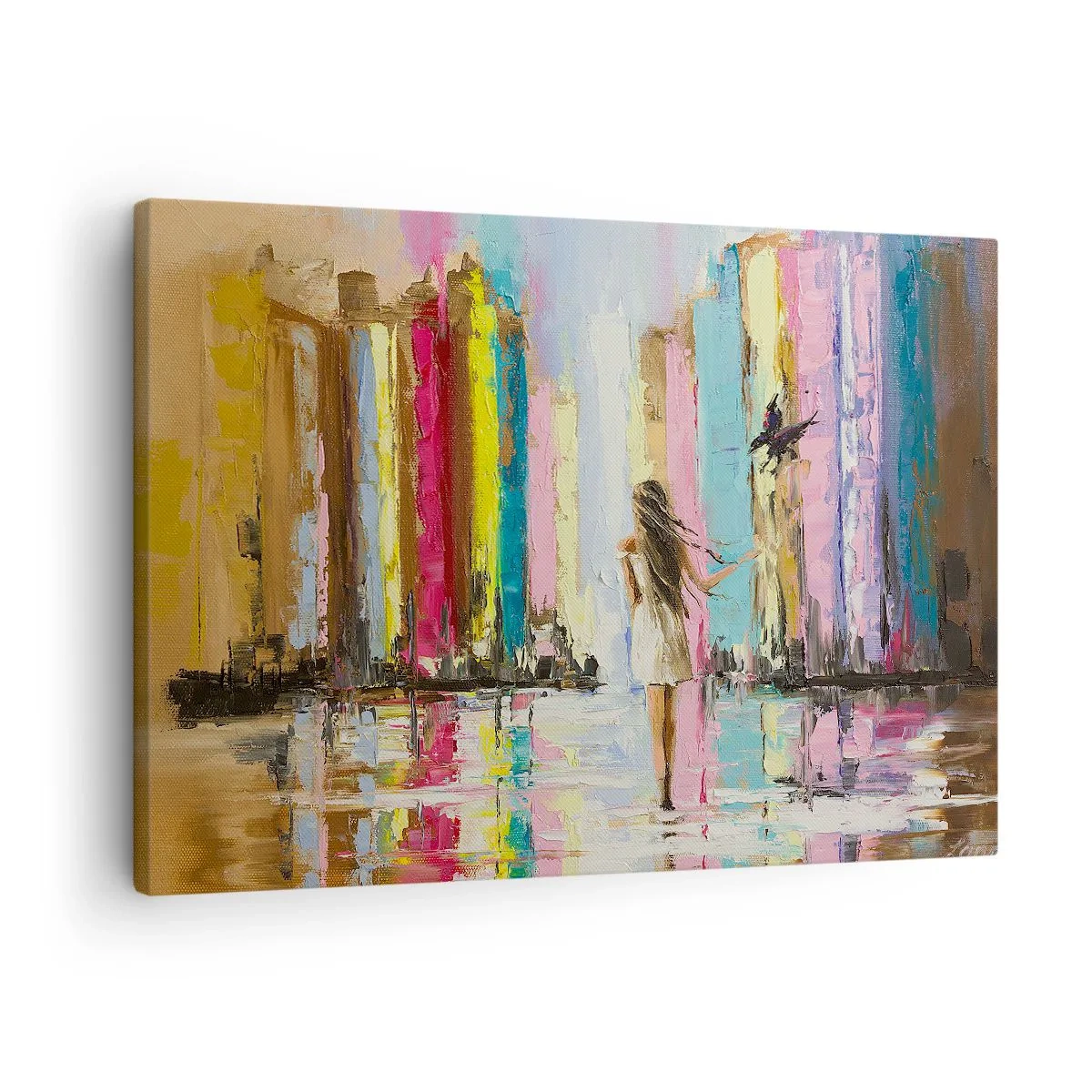 Quadro su tela - Stampe su Tela - Una città colorata e una donna in abito bianco con un uccello - 70x50cm - Seguimi - Decorazione murale moderna per soggiorno e camera da letto ARTTOR