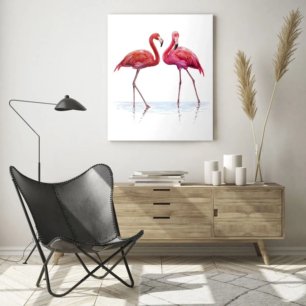 Quadro su vetro - Due fenicotteri rosa in piedi nell'acqua - 50x70cm - Appuntamento in rosa - Decorazione murale moderna per soggiorno e camera da letto ARTTOR