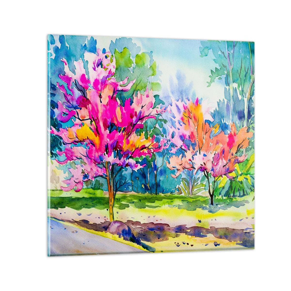 Quadro su vetro - Giardino multicolore nella luce della primavera - 30x30 cm