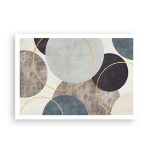 Poster - Cerchi geometrici nelle tonalità del grigio, blu e oro - 100x70cm - Un cerchio dietro l'altro - Decorazione murale moderna per soggiorno e camera da letto ARTTOR