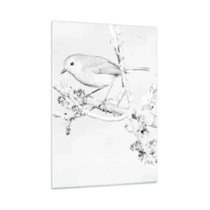 Quadro su vetro - Un uccello appollaiato su un ramo in una scena invernale monocromatica. - 50x70cm - Mattino invernale - Decorazione murale moderna per soggiorno e camera da letto ARTTOR