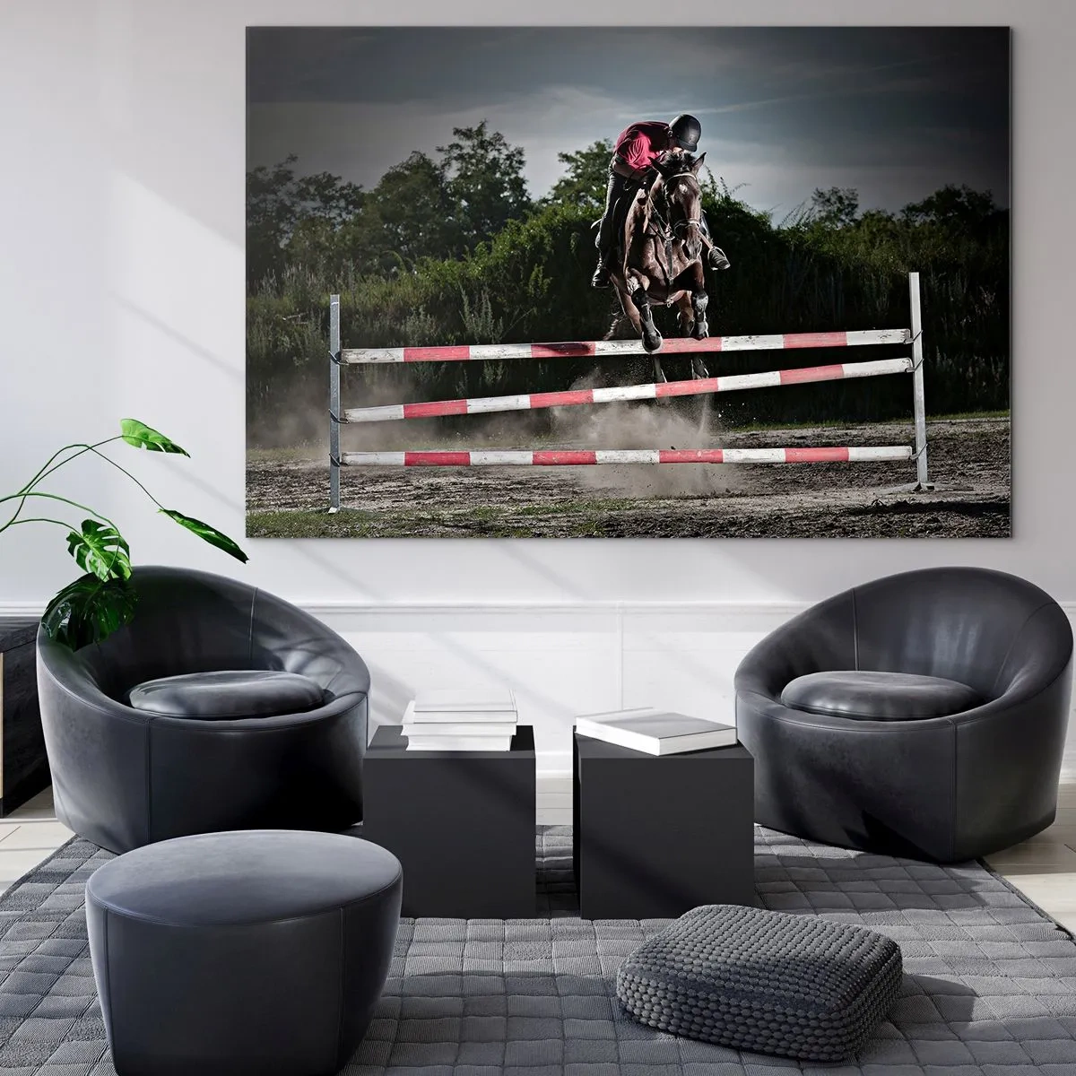 Quadro su vetro - Un cavaliere a cavallo salta un ostacolo sullo sfondo della natura - 120x80cm - Insieme fino alla vittoria - Decorazione murale moderna per soggiorno e camera da letto ARTTOR